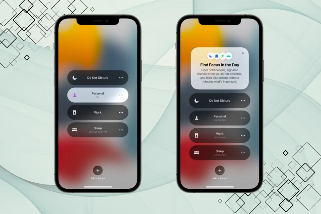 hidden iPhone features about Focus Mode settings showing work, sleep, and personal Focus options