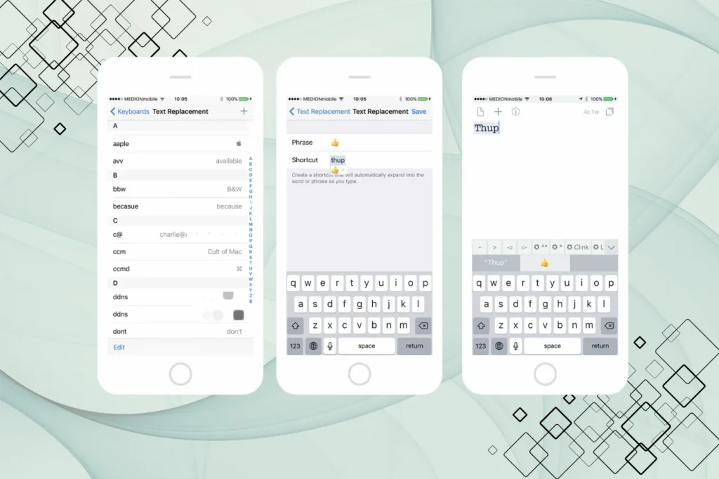 iPhone Text Replacement settings showing shortcut examples.