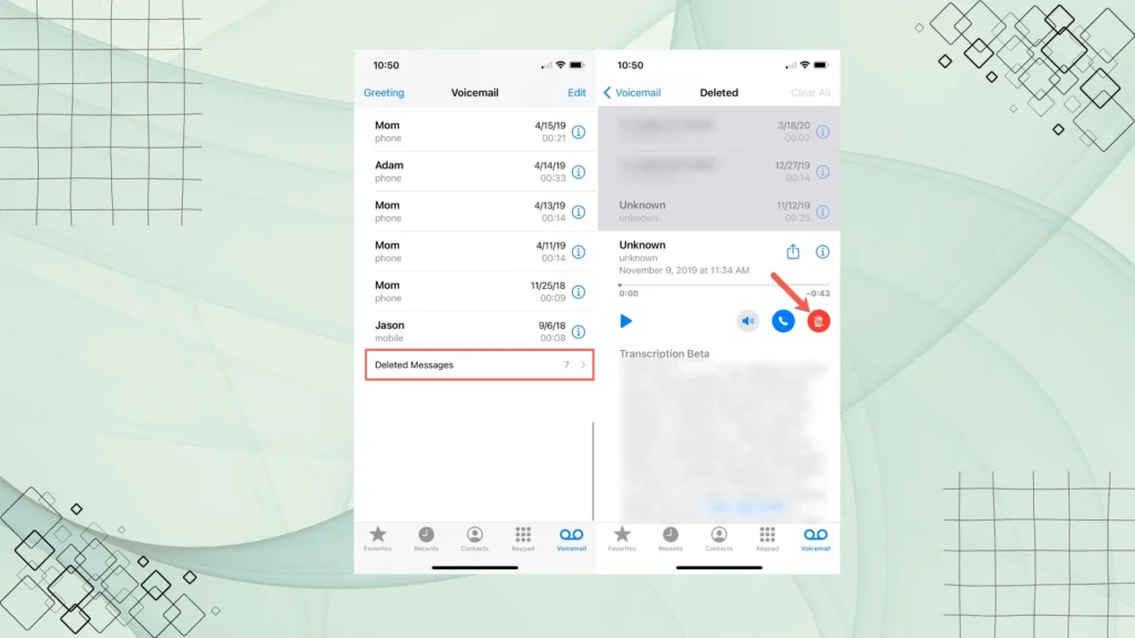 how to retrieve deleted voicemails in iphone illustrating a Screenshot of iPhone Voicemail tab highlighting the “Deleted Messages” folder.